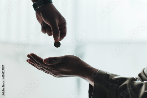 Tableau sur toile people hand giving money to poor and homeless man to help his hungry for charity