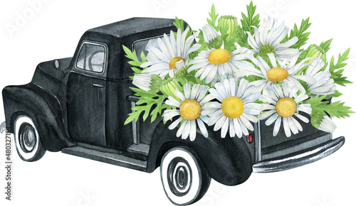 Watercolor black retro truck with daisy flowers.