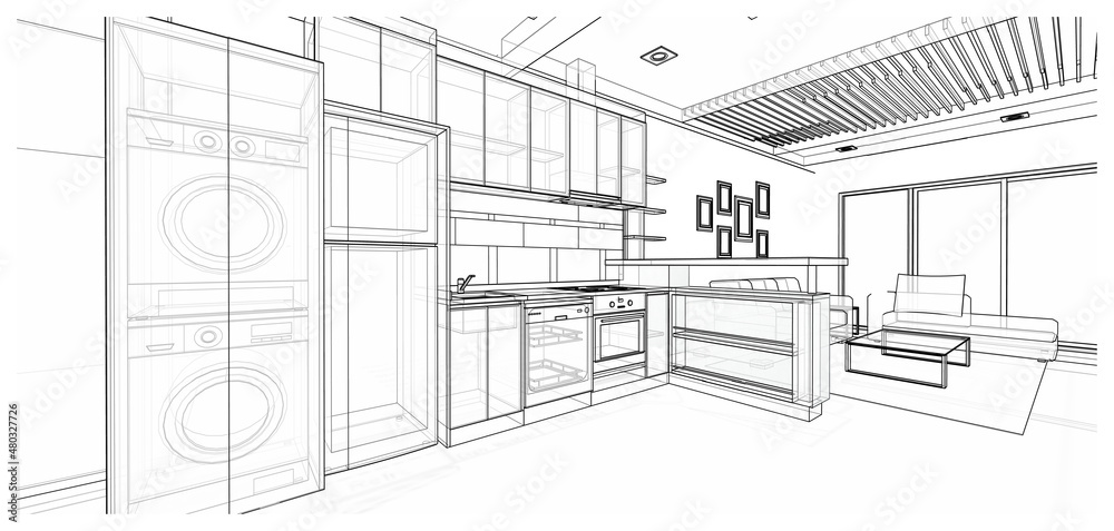 Interior design : kitchen pantry3d  outline sketch
