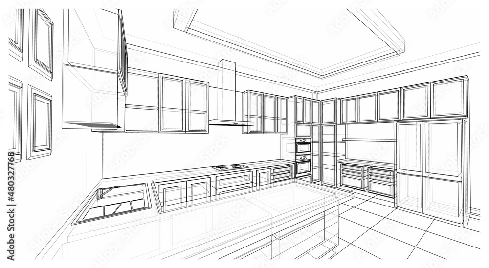 Interior design : kitchen counter 3d outline sketch