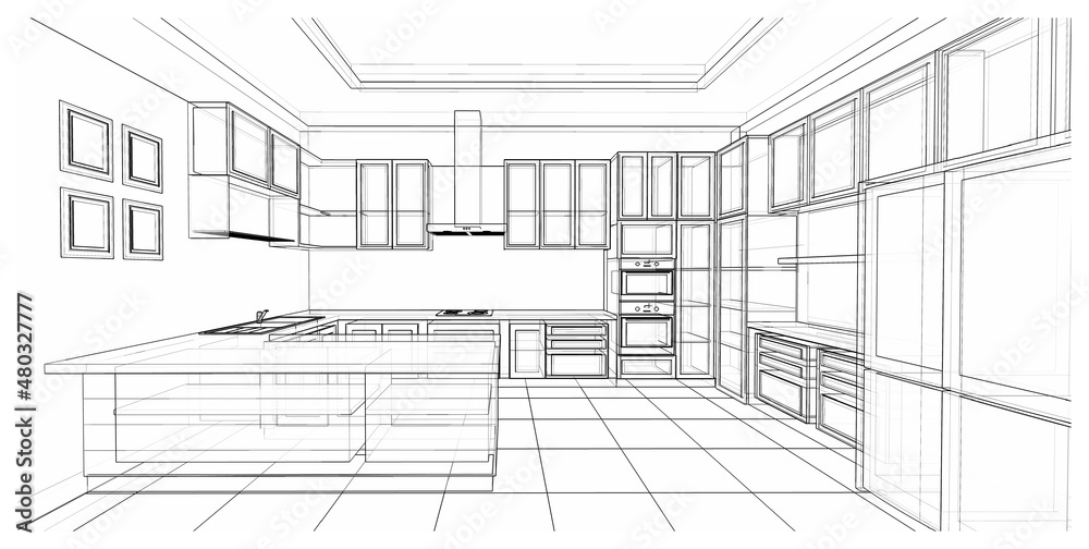 Interior design : kitchen counter 3d outline sketch