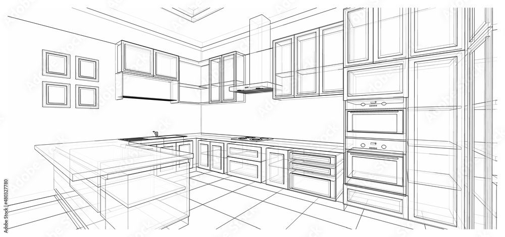 Interior design : kitchen pantry 3d outline sketch