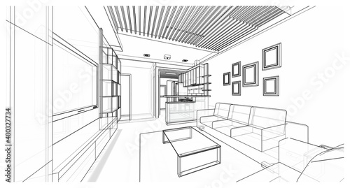 Interior design : living room 3d outline sketch