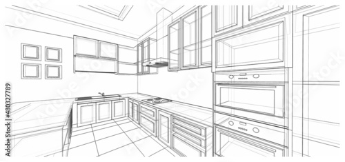 Interior design : kitchen 3d outline sketch