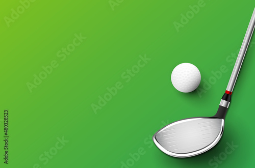 Golf club and ball with shadows on green background