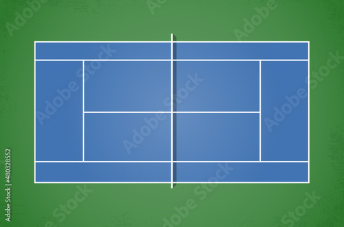 Stylized blue tennis court with green surroundings