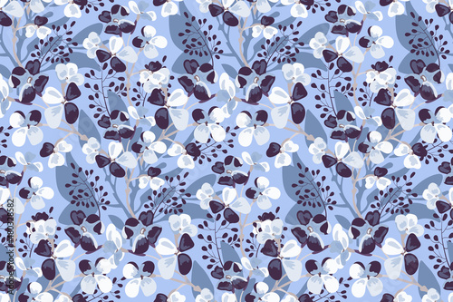 Vector floral seamless pattern. Lilac flowers with light brown twigs and blue leaves on a blue.