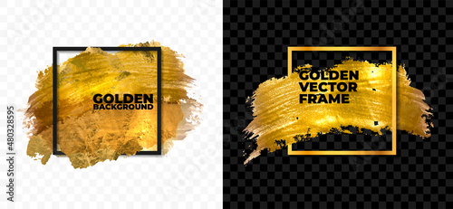 Set of two square frames with abstract golden grungy strokes