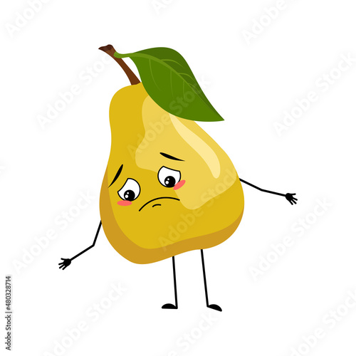 Pear character with sad emotions, depressed face, down eyes, arms and legs. Person with melancholy expression, fruit emoticon. Vector flat illustration