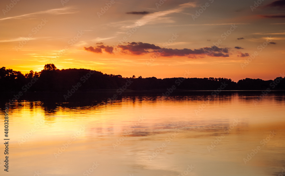 Summer lake sunset, Zeesener Lake near Berlin, Germany.