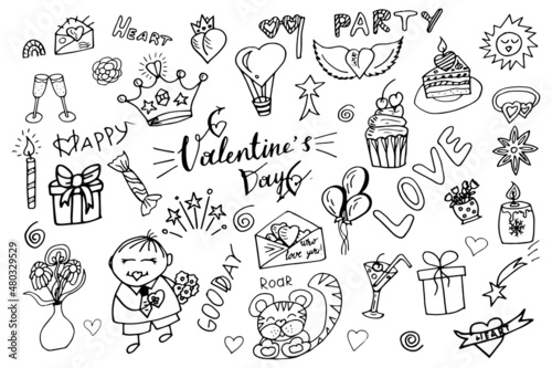 Set of cute hand drawn elements about love. Design elements isolated on white. Happy Valentines Day background. EPS 10 vector illustration.