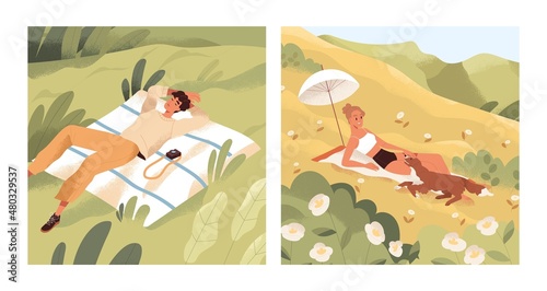 Person relaxing in nature on summer holidays. Peaceful rest of people lying on blanket on grass at leisure time. Single man and woman outdoors on summertime weekends. Flat vector illustration