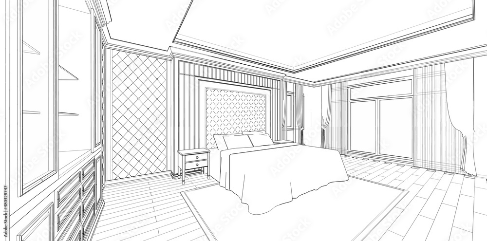 Fototapeta premium Interior design : classic bedroom 3d outline sketch
