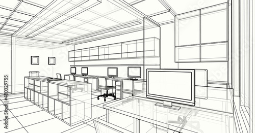 Interior design : office 3d outline sketch