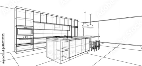 Fototapeta Naklejka Na Ścianę i Meble -  interior design sketch : modern kitchen 3d outline sketch