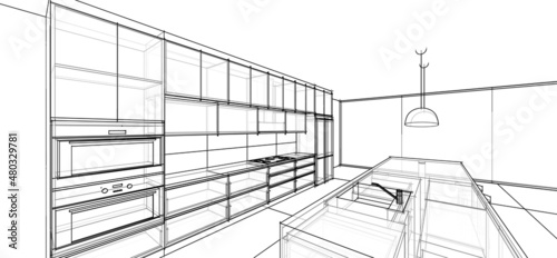 interior design sketch : modern kitchen 3d outline sketch