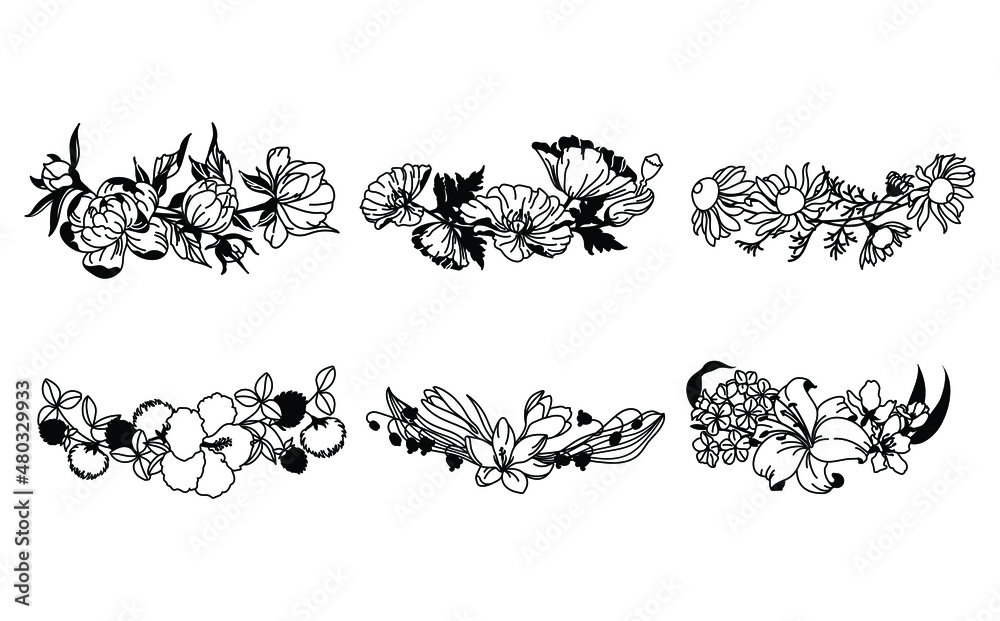 Set of floral wreath. Collection of floral stylish border for women's hairstyles. Botanical decoration. Vector illustration of natural accessories for hairstyles. Linear art.
