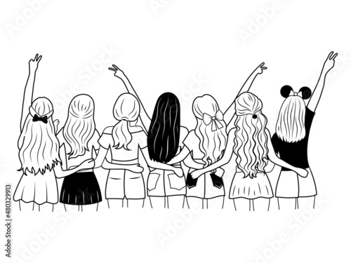 Illustration of best friends hugging with showing hands a peace. Young girls having good time together. Happy friendship day.  Fun meeting. An illustration of female strong friendships.
