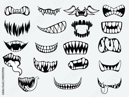Set of scary smile masks. Collection of different types of smiling faces with teeth. Line art. Creepy mouth masks. Halloween masks. Vector illustration for children. Tattoos. © panaceaart