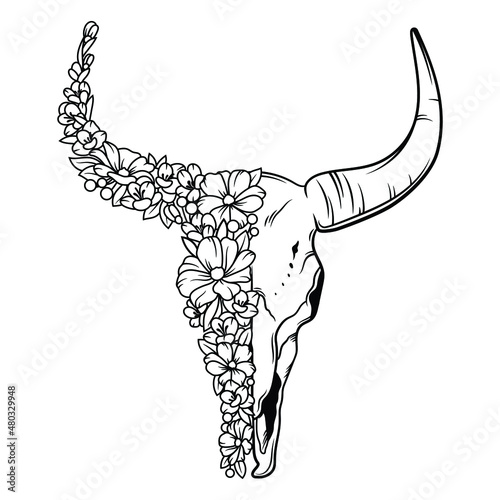 Portrait of bull skull with flowers. Illustration of head floral cow. Tattoo. Farm Animals. Skull animals with flowers wreath.