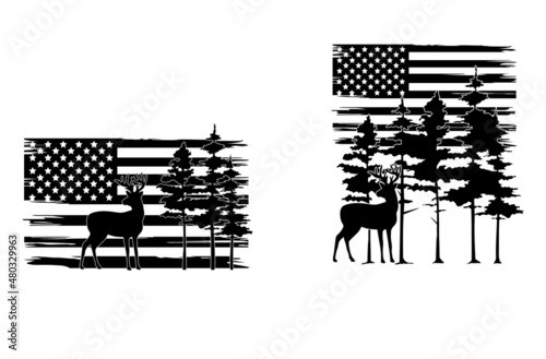 Set of american flag with deer. Collection of hunting deer on forest. Hunting weekend. Set of US grunge flag. Symbol of freedom. Vector illustration on white background. 