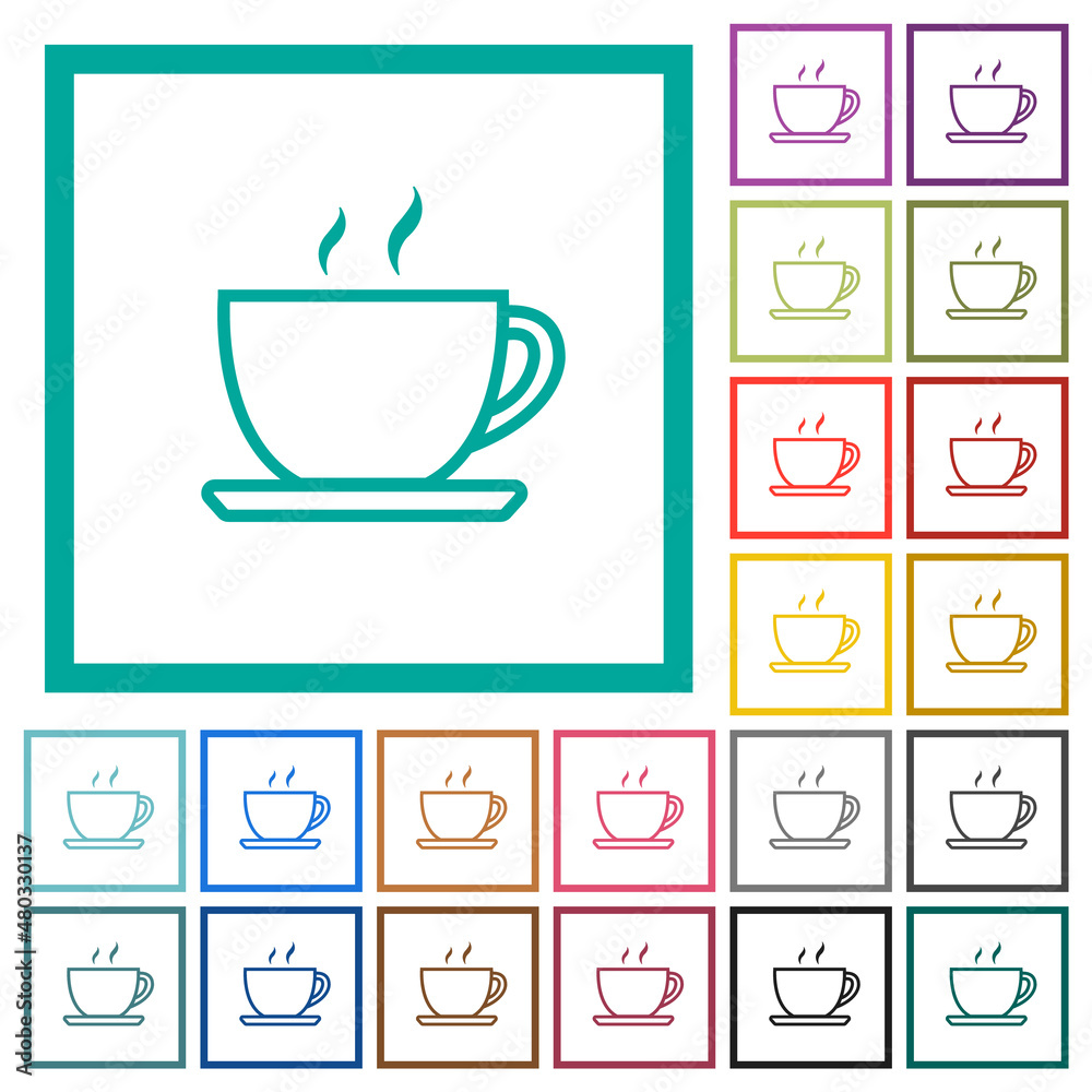 Cup of coffee outline flat color icons with quadrant frames Cup of coffee outline flat color icons with quadrant frames