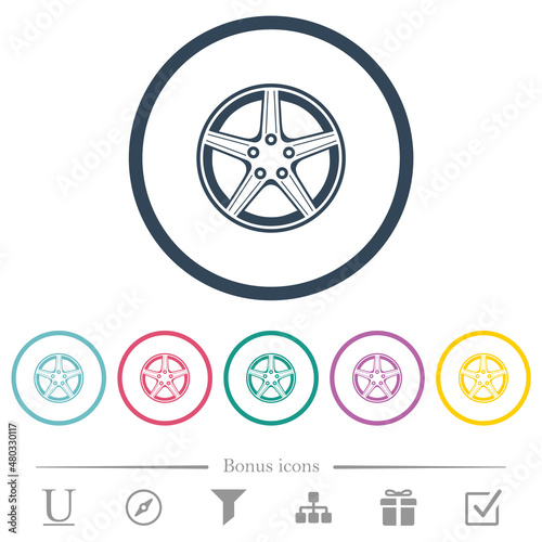 Car wheel flat color icons in round outlines
