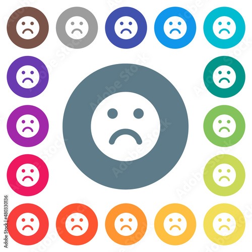 Sad emoticon solid flat white icons on round color backgrounds photo