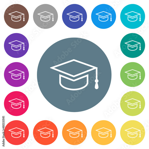 Graduation cap outline flat white icons on round color backgrounds photo