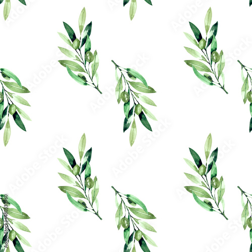 Seamless pattern with Watercolor olives on white