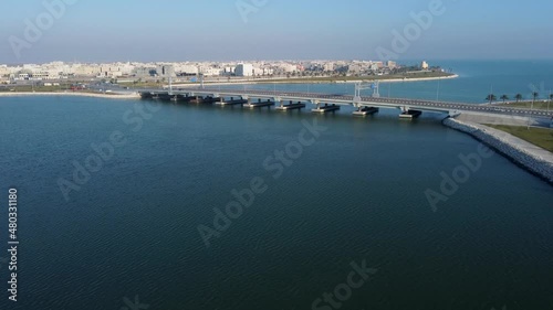 Bridge leading to Tarout island in Qatif, aerial drone fly over shot photo