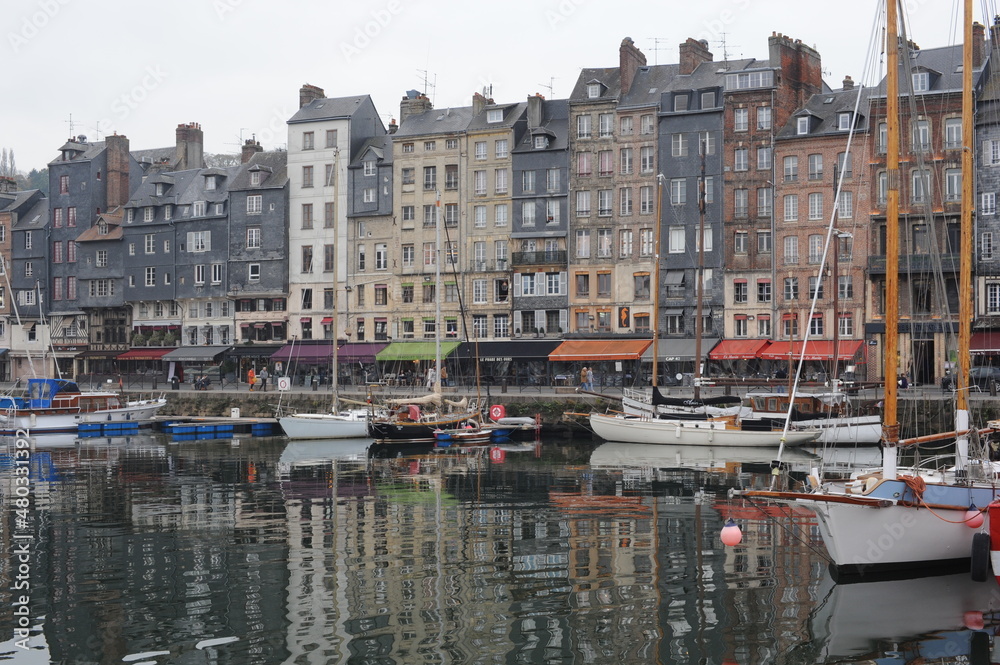Panorama of waterfront with beautiful medieval old houses in Honfleur, Normandy, Normandie, France, Europe