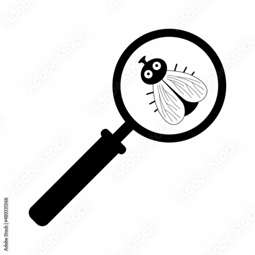 Fly and loupe icon. Cartoon style vector illustration.