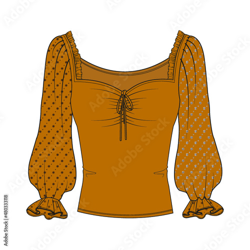 Ladies Puff Sleeve Top, Ruffle on Shoulder