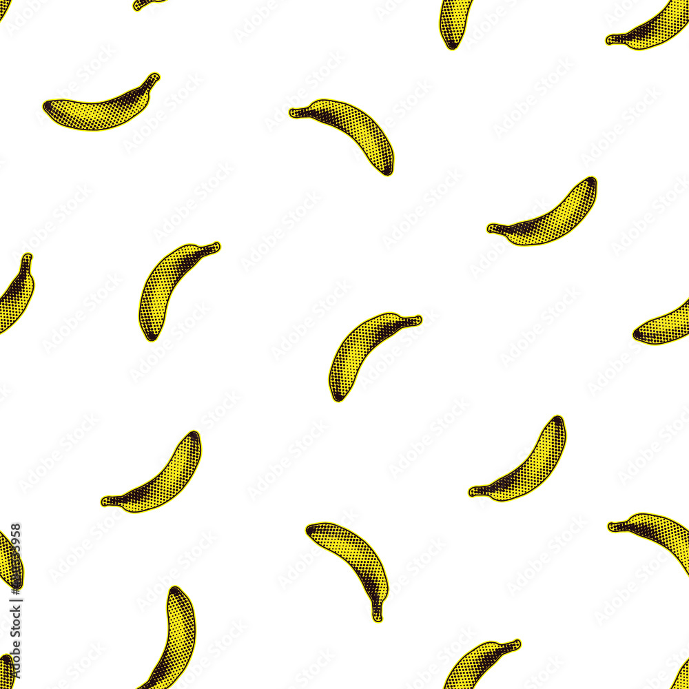 Seamless vector pop art pattern of dot halftone yellow bananas randomly scattered on white background.