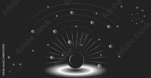 Abstract mystical shapes on a black background. Esoteric symbols, imitation of planets.