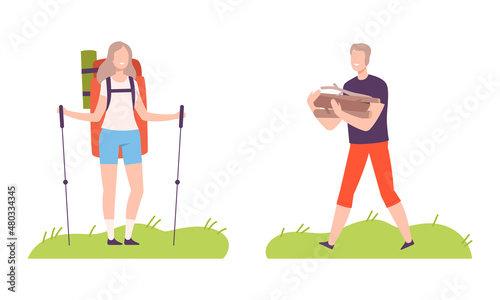 Young Man and Woman with Backpack Camping Carrying Brushwood and Walking with Pole Vector Illustration Set