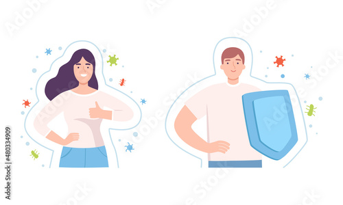 Young Male and Female with Invisible Barrier for Pathogen and Germs Vector Illustration Set photo