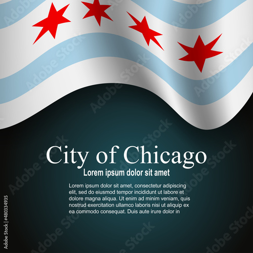 Flag of State of Chicago in Illinois (USA) flying on dark background with text