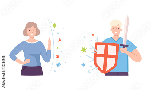 Young Male and Female with Invisible Barrier for Pathogen and Germs Vector Illustration Set