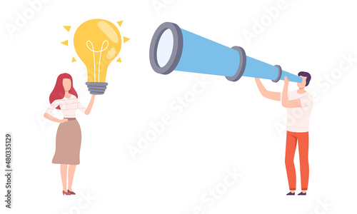 Man and Woman Character Holding Big Telescope and Light Bulb Vector Illustration Set
