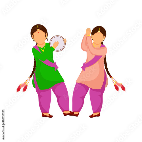 Punjabi Young Girls Playing Dafli (Tambourine) In Bhangra Dance.