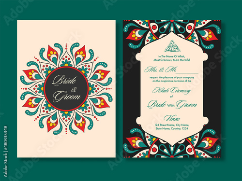 Islamic Wedding Invitation Card With Mandala Pattern In Front And Back View.