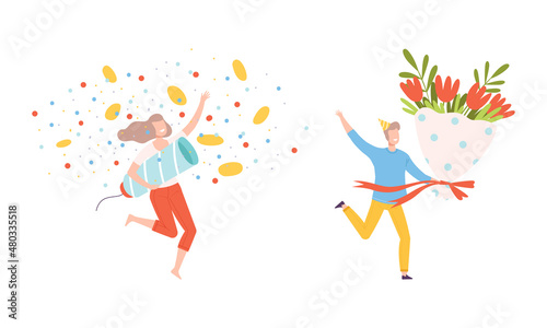 Man and Woman in Birthday Hat Carrying Huge Flower Bouquet and Party Popper Vector Set