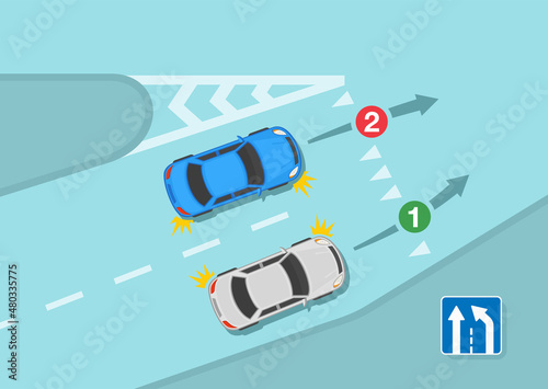 Driving a car. Safety driving and traffic regulating rules. Merging onto the highway. Blue sedan car gives way to vehicles from right. Flat vector illustration template.