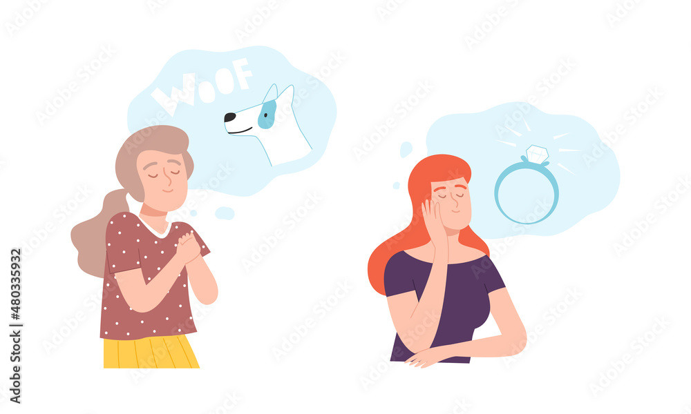 Young Woman Thought and Need in Cloud Vector Set Young Woman Thought and Need in Cloud Vector Set