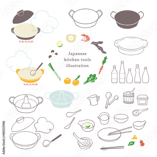 キッチンツールのイラストセット/鍋と調味料