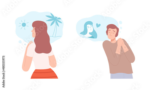 Young Man and Woman Thought and Need in Cloud Vector Set