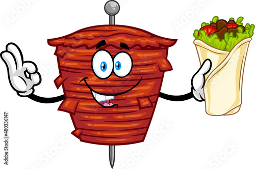 Kebab On Skewer Grilling Meat Cartoon Character Showing Perfect Sandwich. Vector Hand Drawn Illustration Isolated On Transparent Background