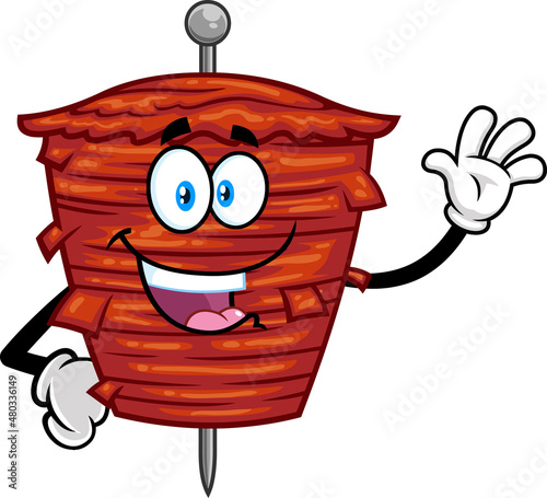 Happy Kebab On Skewer Grilling Meat Cartoon Character Waving For Greeting. Vector Hand Drawn Illustration Isolated On Transparent Background